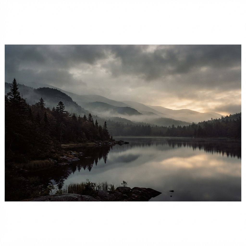 Misty pine forest and mountains at dawn in Maine