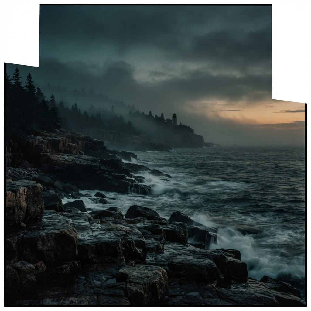 Rugged Maine coastline at dusk with a distant lighthouse